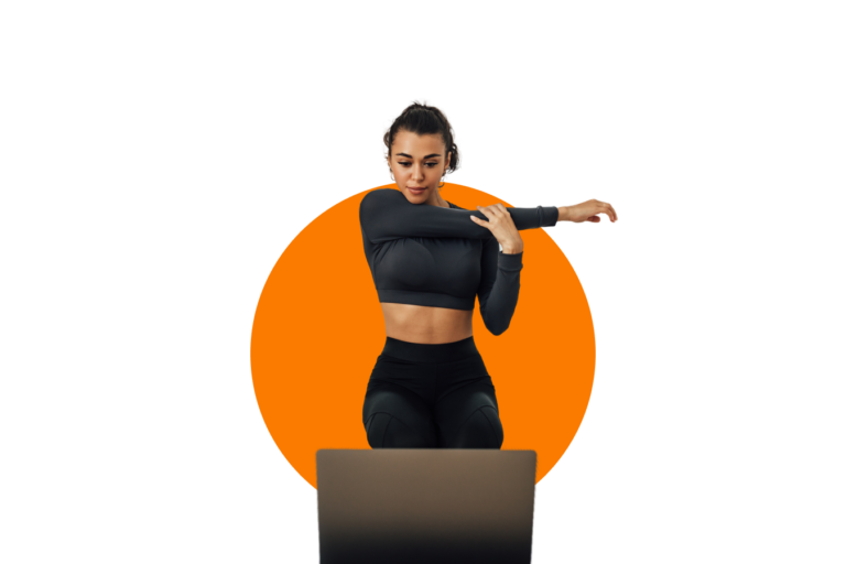 Girl doing yoga in front of laptop with the orange circle on the background